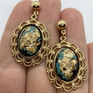 Vintage Venetian Glass Cabochon Blue Gold Foil Filigree Earrings Dangle Post